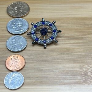 Nautical Wheel Brooch with Blue Accents